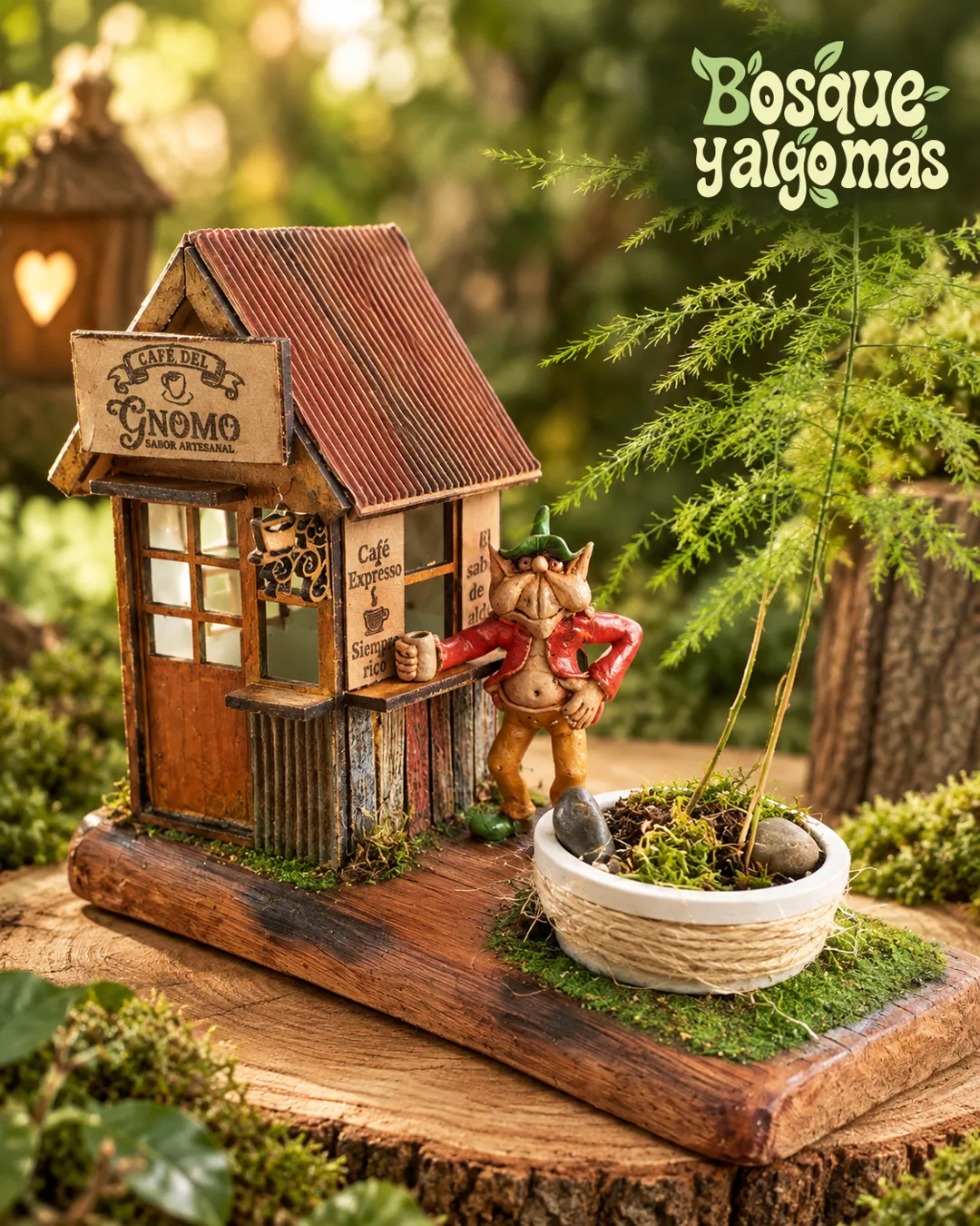 Casita y personaje de gnomo artesanal, entre plantas y madera